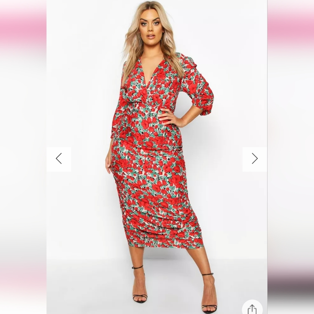 PLUS WOVEN LARGE FLORAL ROSE RUCHED WRAP DRESS boohoo